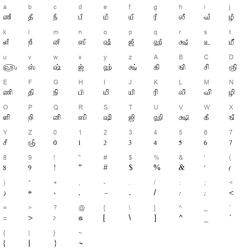 Tam Shakti 1 Normal Character Map