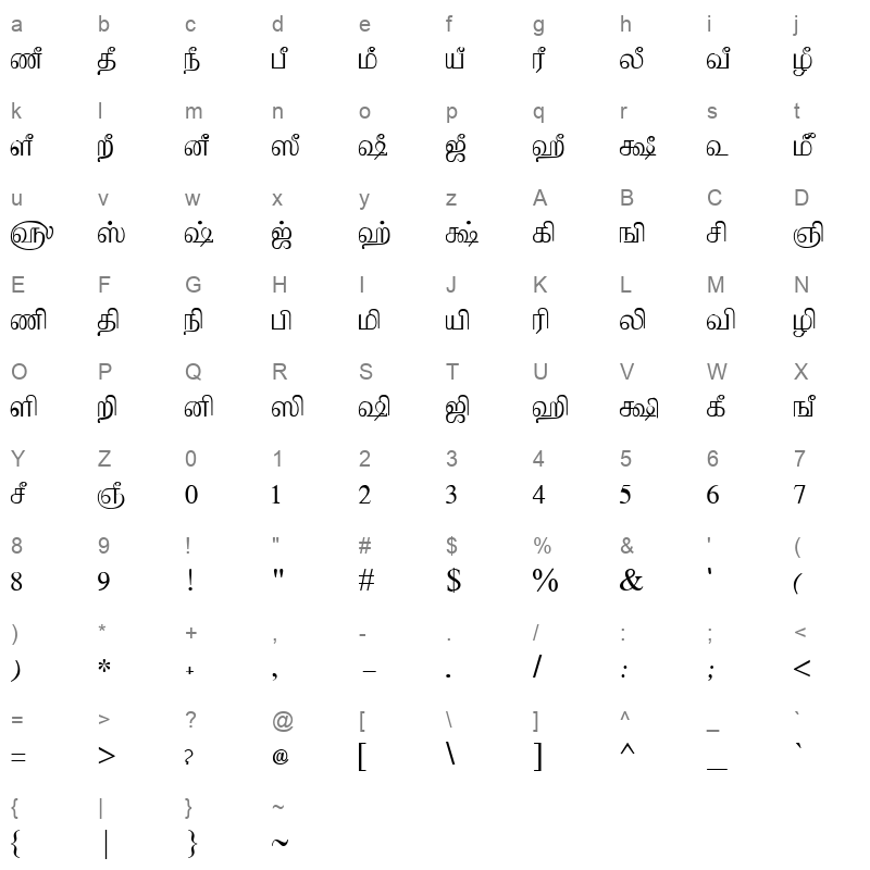 Tam Shakti 18 Normal Character Map