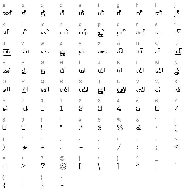Tam Shakti 20 Normal Character Map