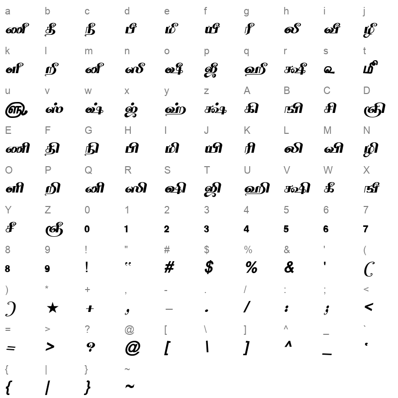 TAM Tamil024 Normal Character Map