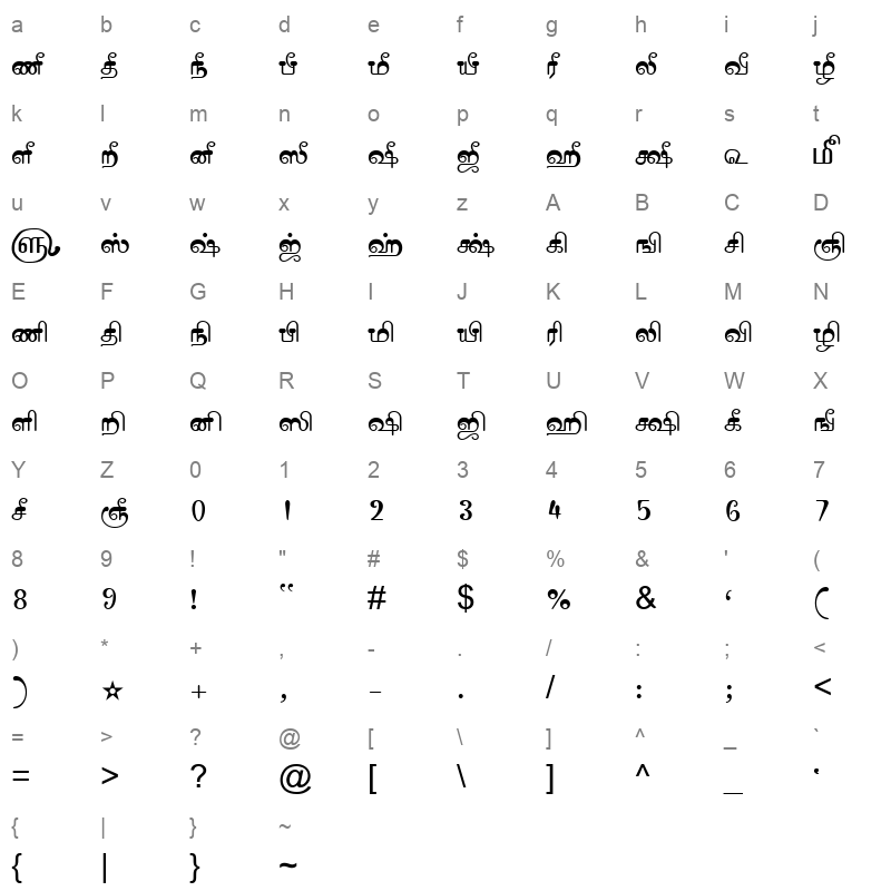 TAM Tamil025 Normal Character Map