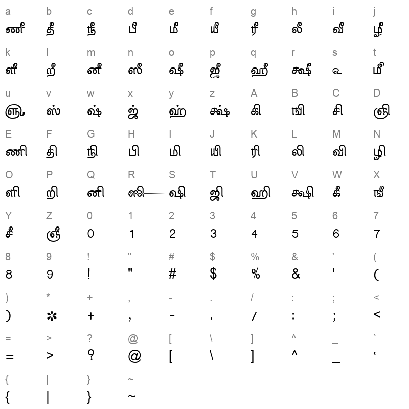 TAM Tamil050 Normal Character Map