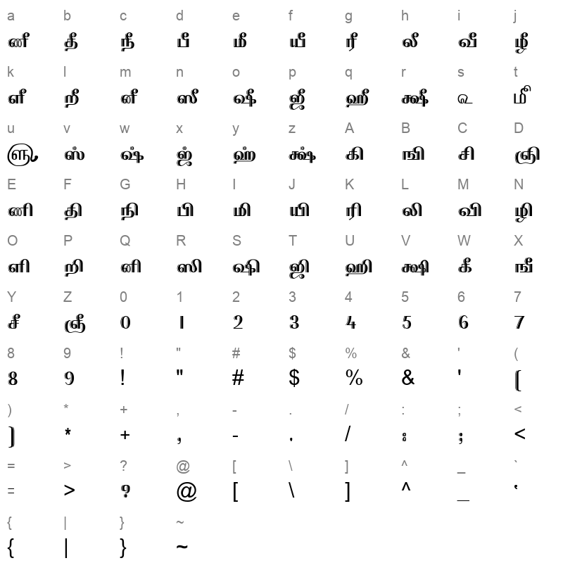 TAM Tamil052 Normal Character Map