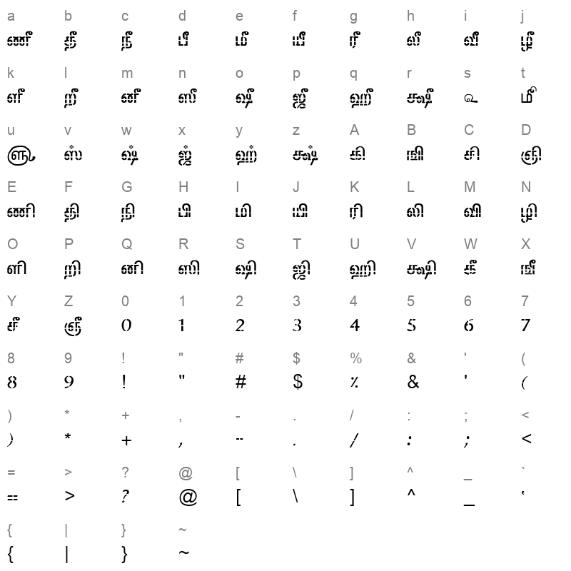 TAM Tamil053 Normal Character Map