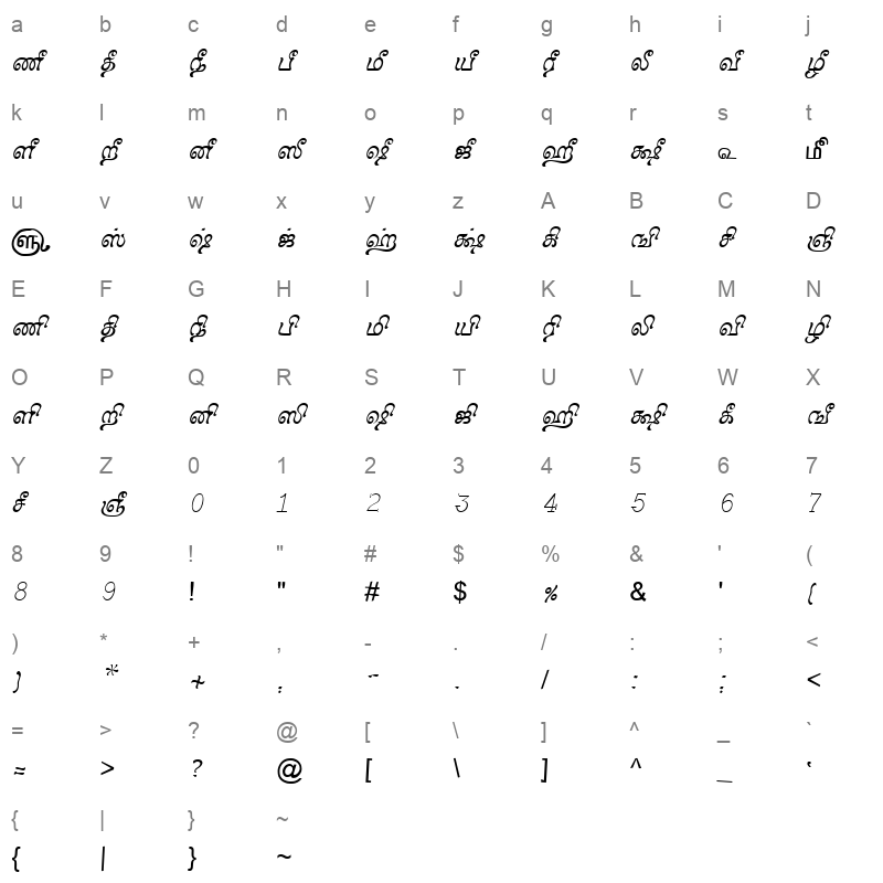 TAM Tamil060 Normal Character Map