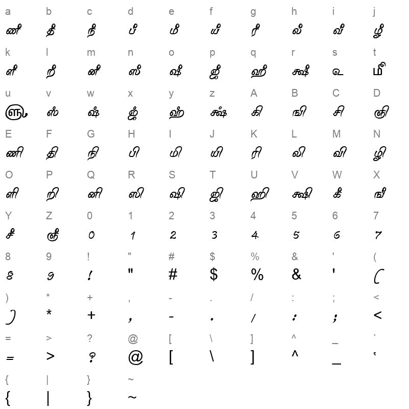 TAM Tamil062 Normal Character Map