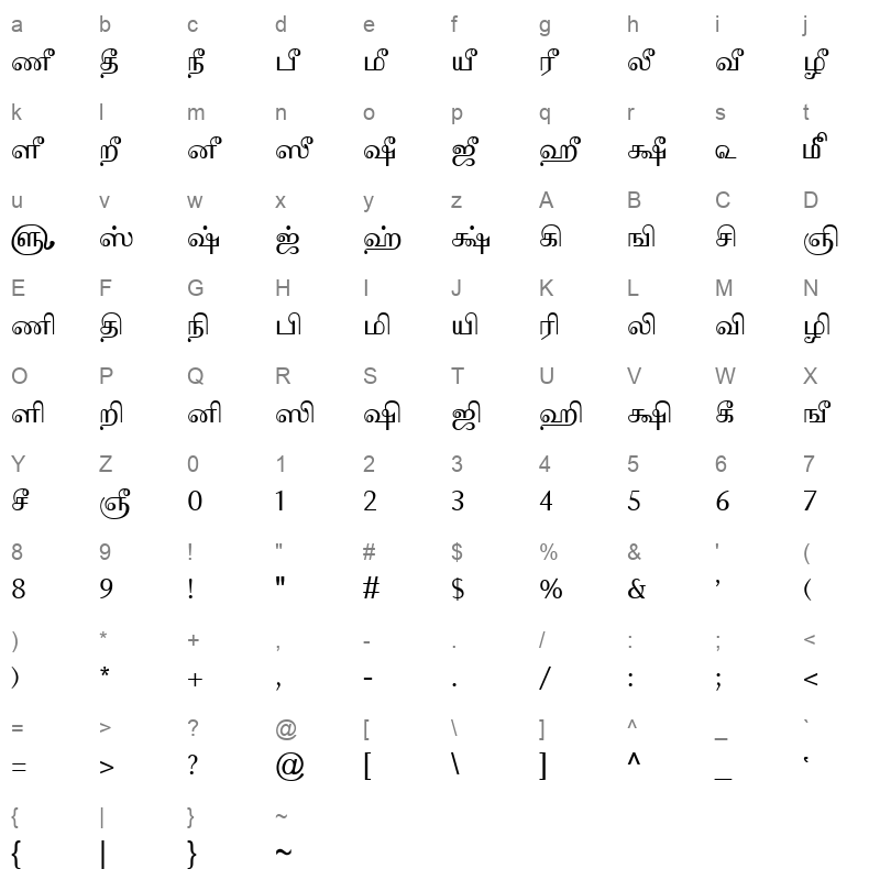 TAM Tamil116 Normal Character Map