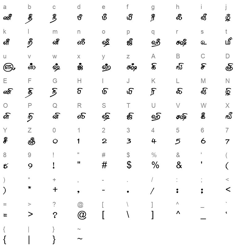 TAM Tamil125 Normal Character Map