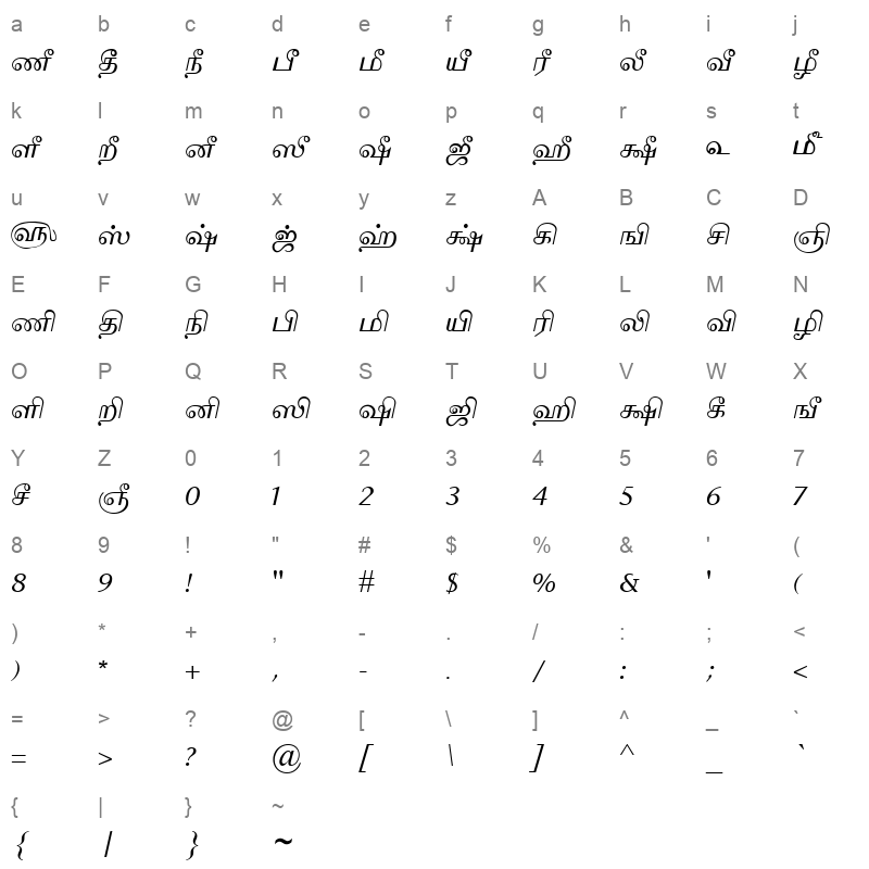 TAM Tamil138 Normal Character Map