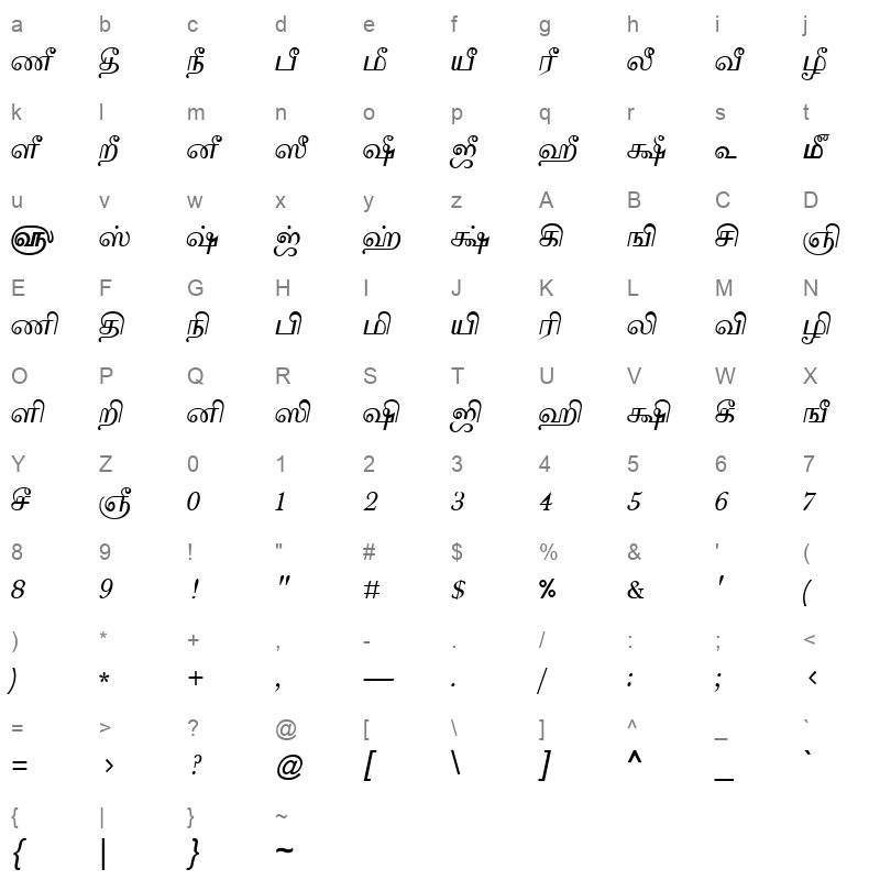 TAM Tamil143 Normal Character Map