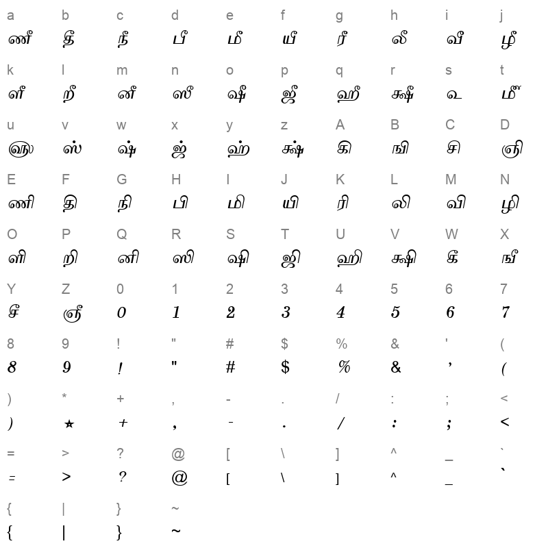 TAM Tamil145 Normal Character Map