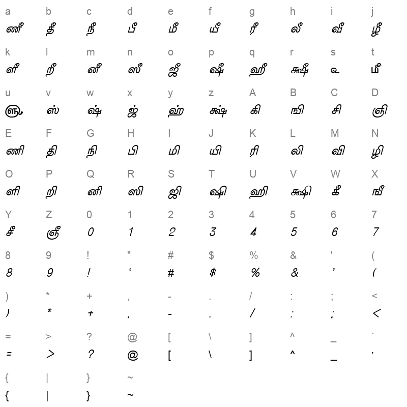 TAM Tamil153 Normal Character Map
