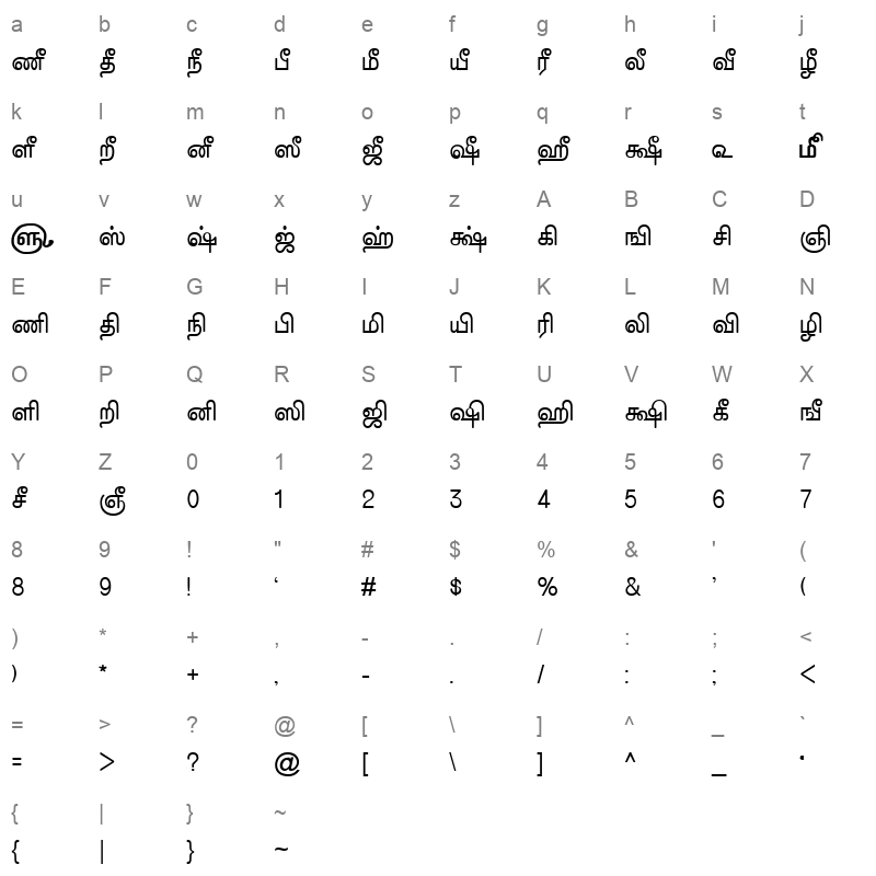 TAM Tamil156 Normal Character Map