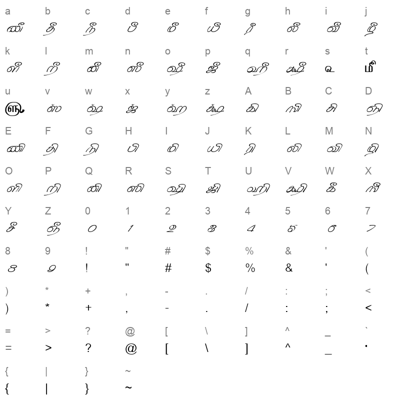 TAM Tamil159 Normal Character Map