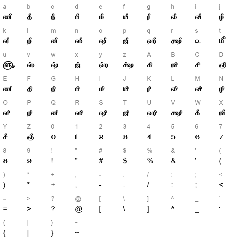TAM Tamil161 Normal Character Map