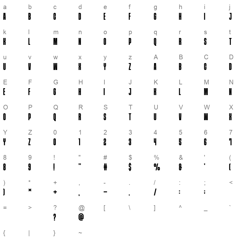 THE DISPLAY FONT Character Map