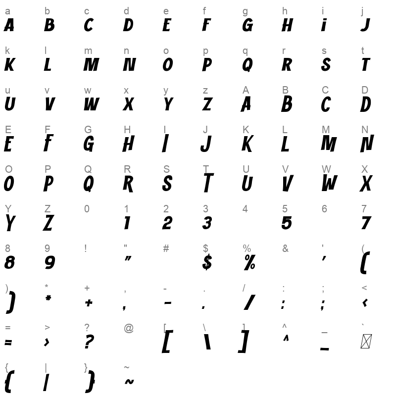 Thin Fox TTF Character Map