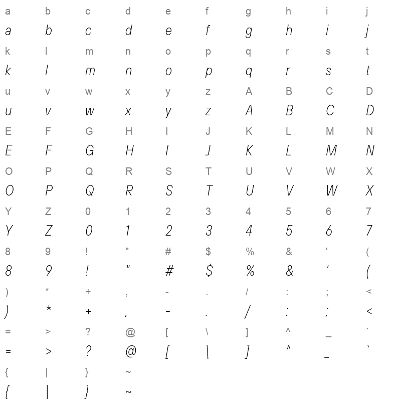 TT Hoves Condensed ExtraLight Italic Character Map