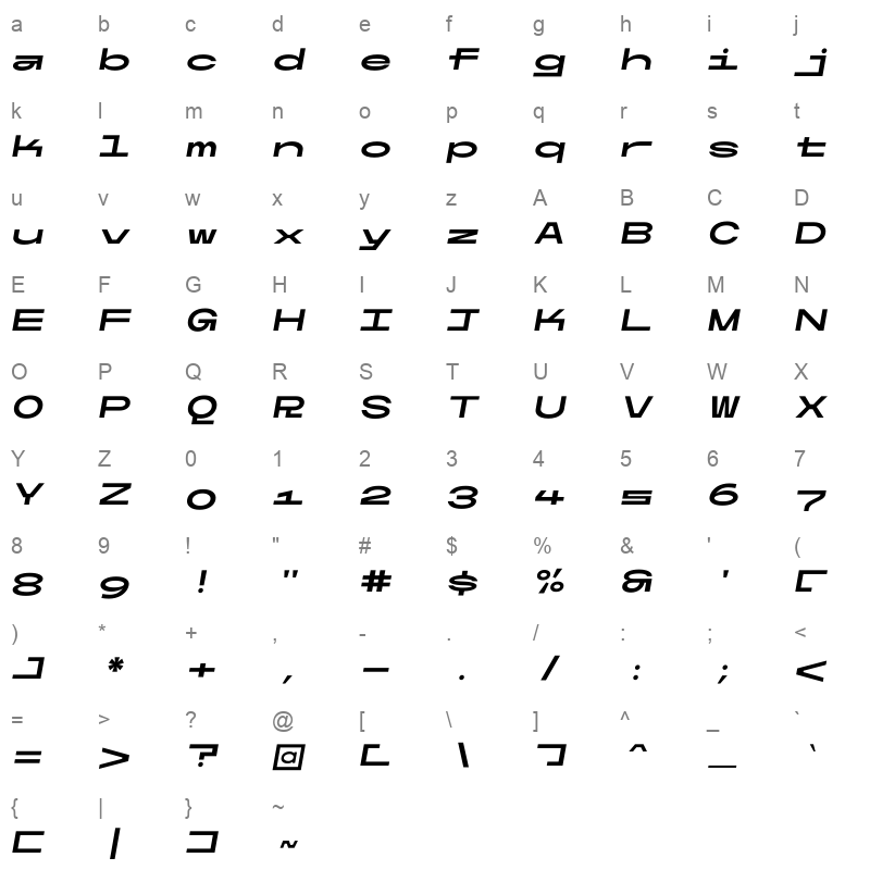 Ultra mono Wide BoldItalic Character Map