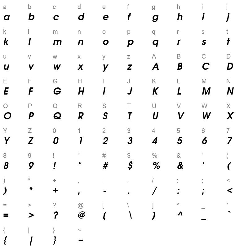 URWGothic DemiOblique Character Map