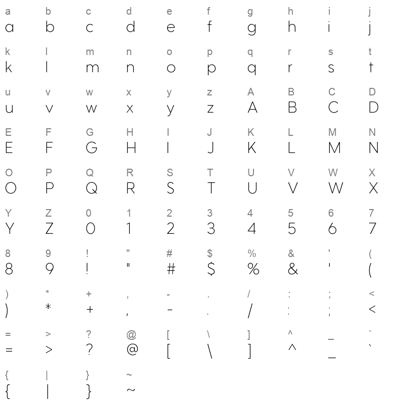 Utendo ExtraLight Character Map
