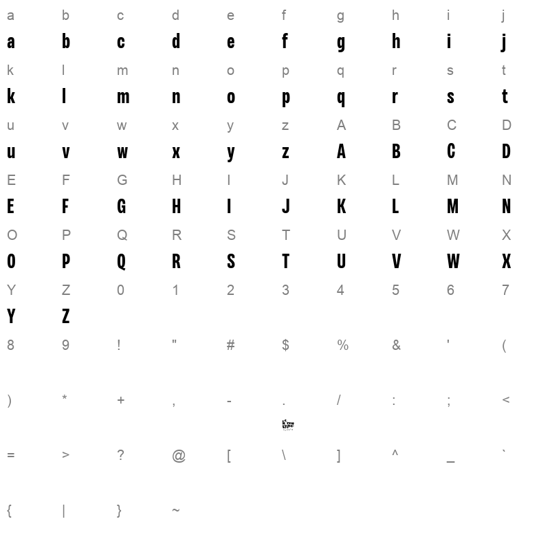 Variera Bold Character Map