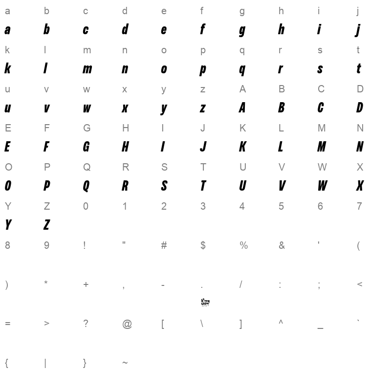 Variera ExtraBoldItalic Character Map