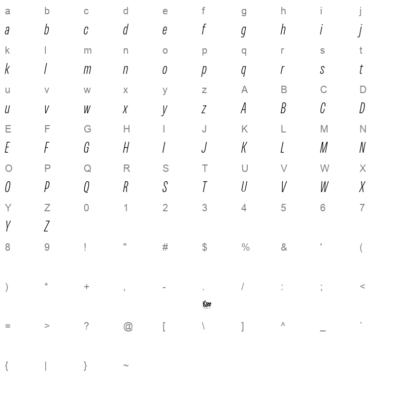 Variera ExtraLightItalic Character Map