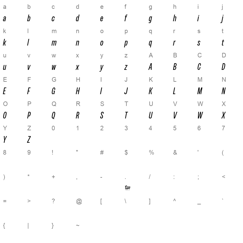 Variera Italic Character Map