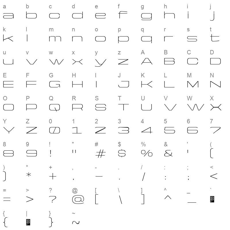 Yapari ExtraLightWide Character Map