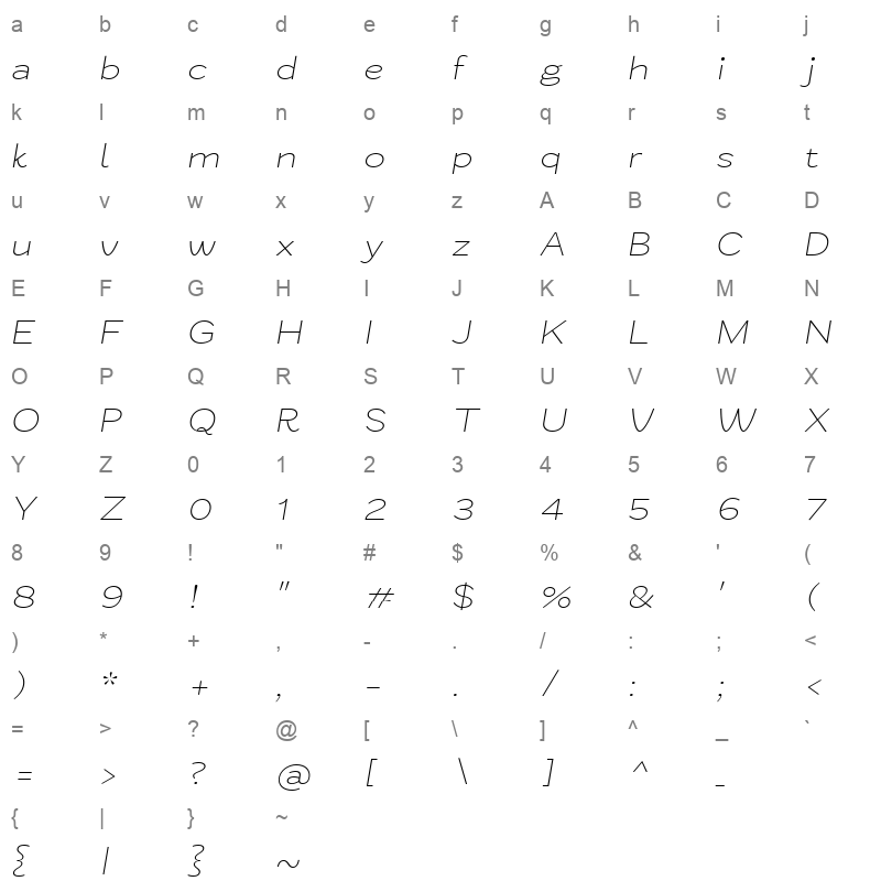 Zt Nezto ThinItalic Character Map