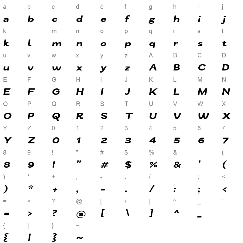 ZtNezto ExtraBoldItalic Character Map
