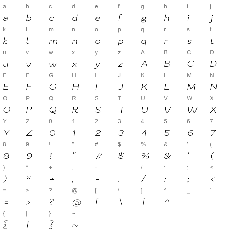 ZtNezto ExtraLightItalic Character Map